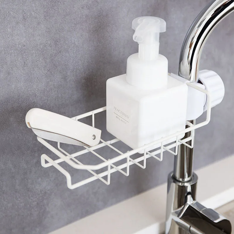 

Stainless Steel Sink Hanging Punch Faucet Storage Bathroom Hollow Out Shelves Free Kitchen Drain Storage Rack Organizer