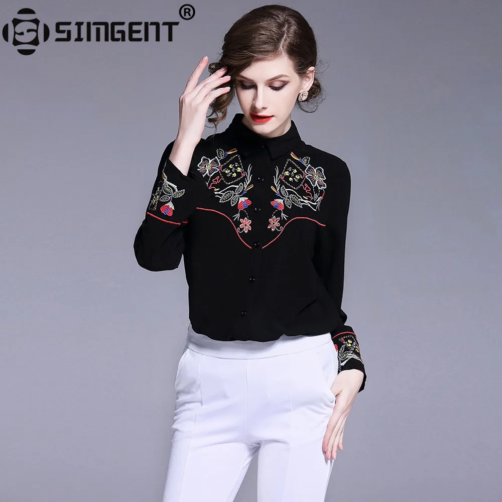 Simgent Women Embroidered Tops High Quality Long Sleeve