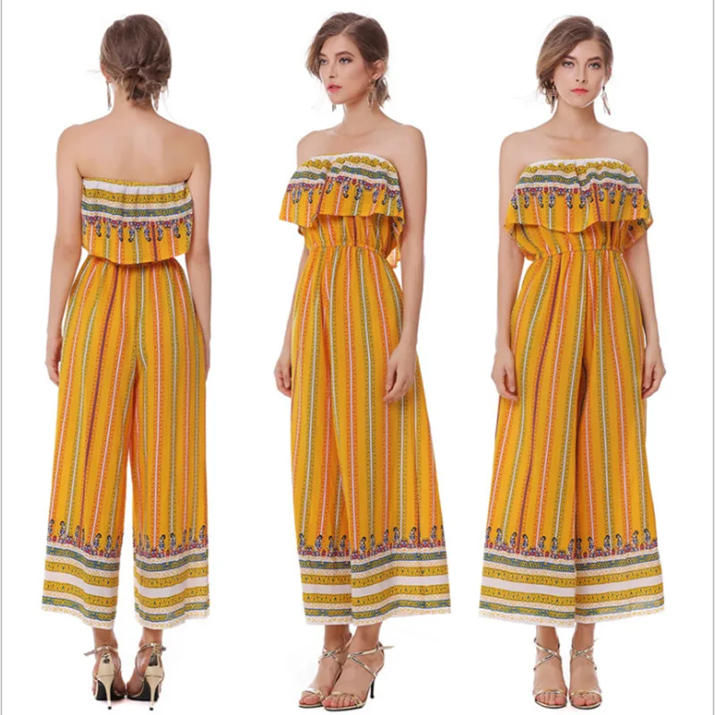 Women Fashion Floral Print Sleeveless Ruffles Sexy Bra Jumpsuit Rompers