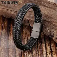 New Punk Style High Quality Leather Bracelet Black Woven Leather Gold Silver Stainless Steel Bracelets For Men And Women Jewelry