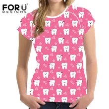 FORUDESIGNS/забавные женские летние футболки с принтом стоматолога, модные брендовые футболки с круглым вырезом для девочек-подростков, розовые футболки с зубным узором