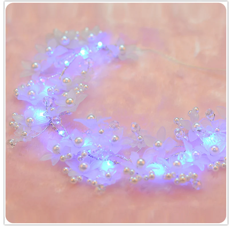 New Arrival Brokat Świecące LED Światła Włosów Kwiat Pałąk Dla Kobiet Handmade SG051 Symulowane Perły Korona Biżuteria Do Włosów Dla Nowożeńców