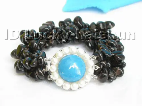 

Free Shipping >>>>>Genuine 3row 8" baroque Smoky Quartz bracelet lapis lazuli pearl clasp j4466