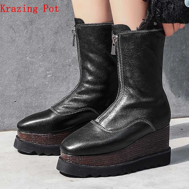 

Krazing Pot sheep skin streetwear Western boots style thick bottom front zipper square toe European designer mid-calf boots Lt3