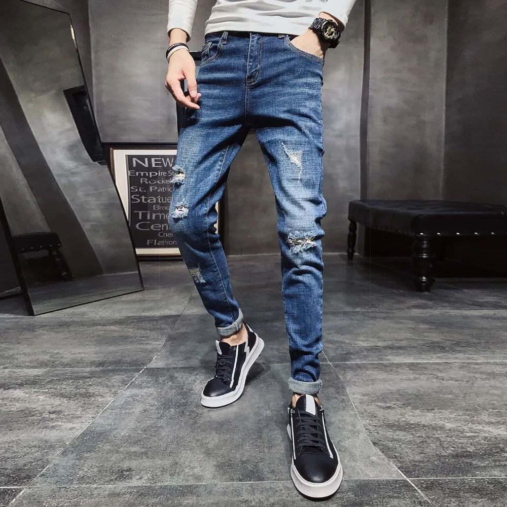Fashion Denim Jeans Men Pants Brand Hip hop Cowboys Slim Fit Elasticity Solid Pencil Jeans Ripped Jeans for Men Black Blue