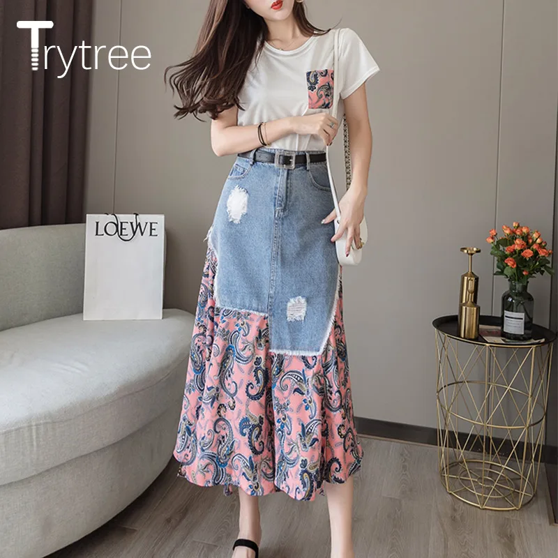 Trytree Summer Women two piece set Casual O-Neck Tops+ Skirt Demin Patchwork Print Hem Belt Pocket Suit Office Lady 2 Piece Set