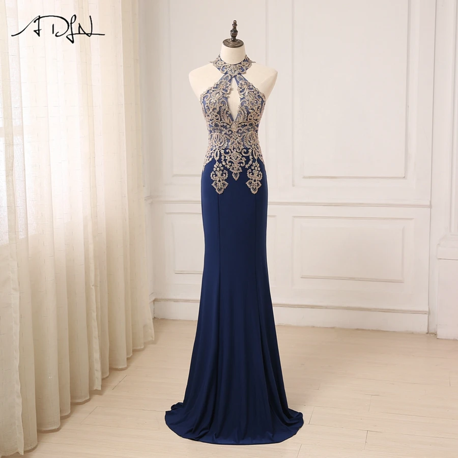 

ADLN New Arrival Sexy Halter Evening Dresses with Shinny Gold Applique Mermaid Formal Party Gowns Vestidos de Fiesta