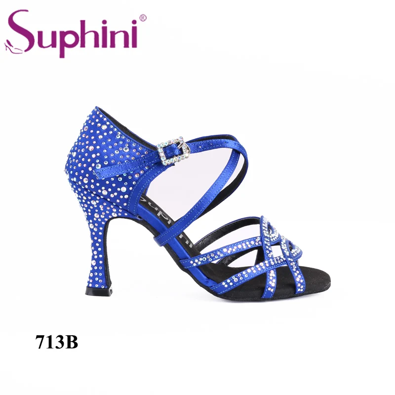 Suphini/высокий класс; стразы; Верхняя часть; обувь для латинских танцев; Женская Блестящая атласная обувь; цвет золотистый, Серебристый; обувь для профессиональных танцев - Цвет: Blue 8.5cm heel(34)