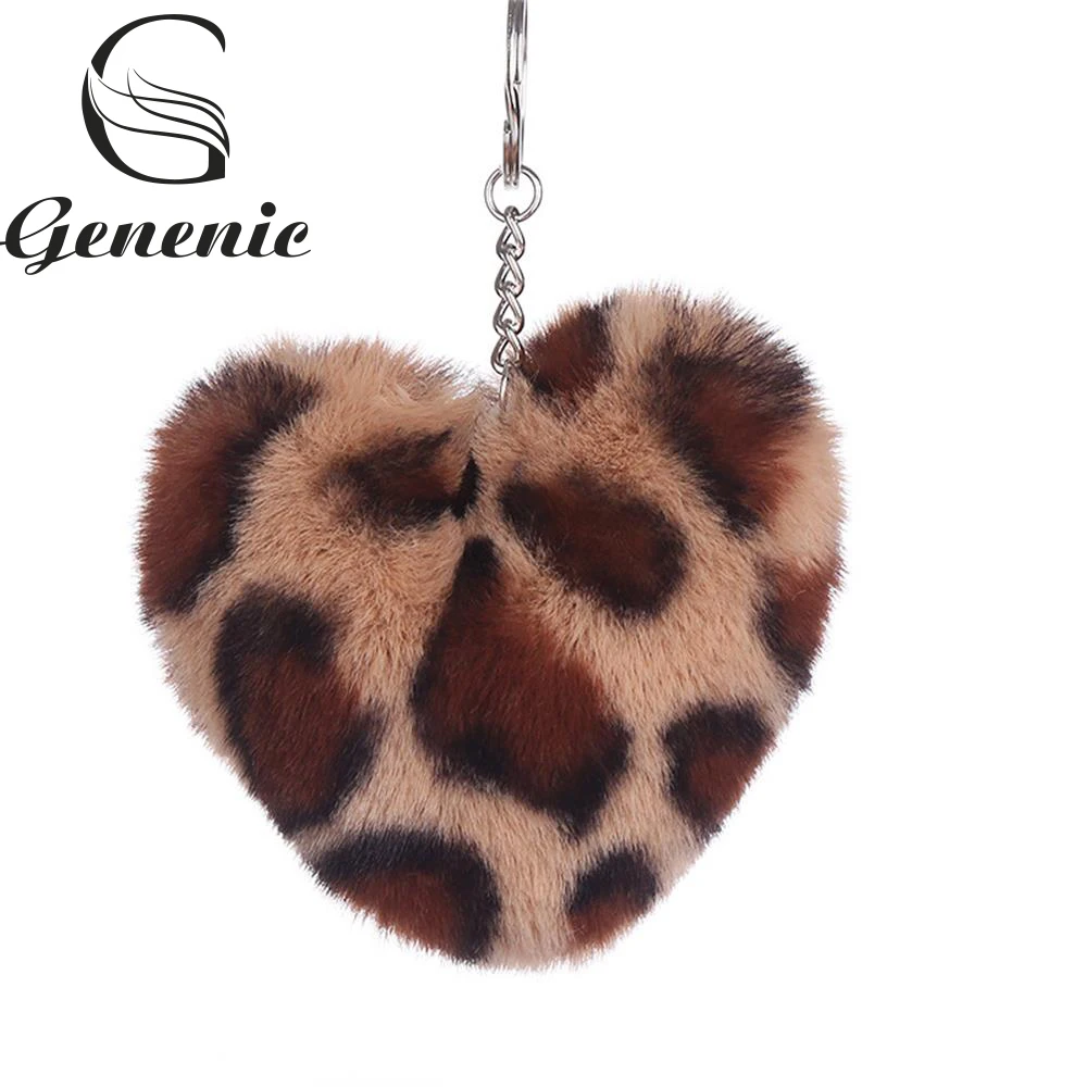 

Pompom Fluffy KeyChain Pom Pom Leopard Heart Faux Rabbit Fur Silver Key Ring Charm For Women Handbag Car phone Pendant Xmas Gift