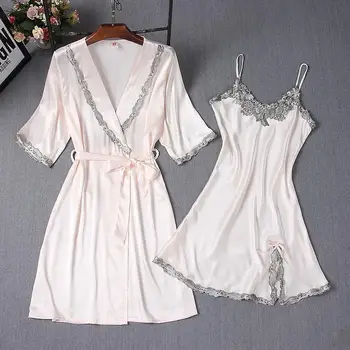 

Sexy Women Kimono Bathrobe Faux Silk Nighty+Robe Sleep Suit Summer NEW Twinset Sleepwear Set Floral Trim Home Dressing Gown