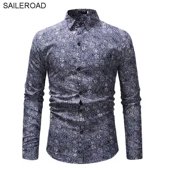 

SAILEROAD 2019 Men Shirt T Fashion Casual Long Sleeved Printed Shirt Tee Male Social Business Dress Shirt Camisa Flores Hombre