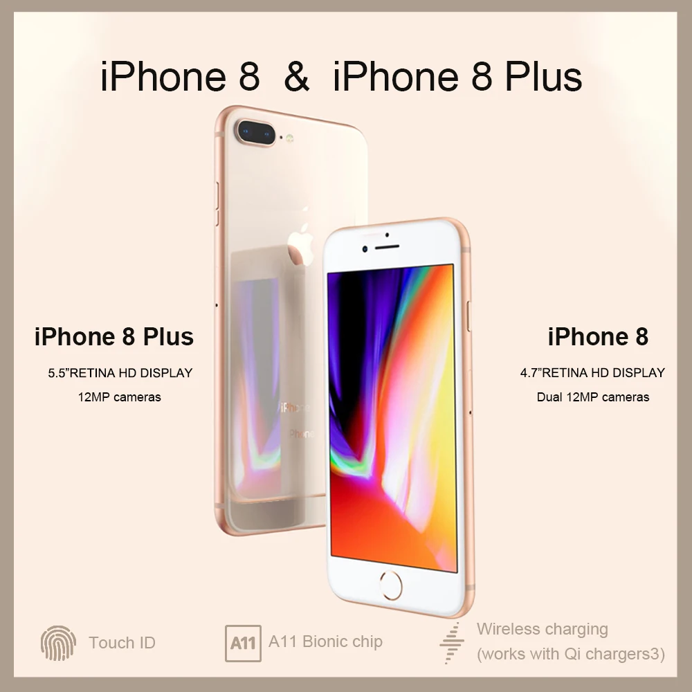 Разблокированный Apple iPhone 8/8 Plus TouchID 4G LTE iOS 12MP камера 4,7/5," retina HD дисплей беспроводной Смартфон