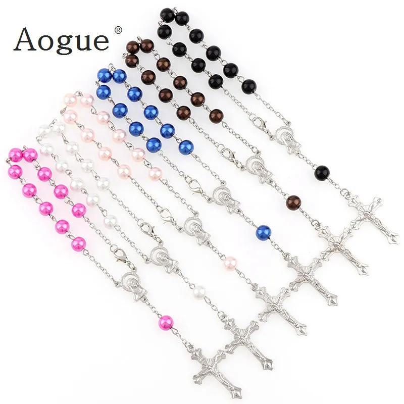 

8mm Colorful Glass Pearl Beads Rosary Bracelet With Silver Lobster Made Metal Maria Center And Jesus Crucifix Cross Pendants