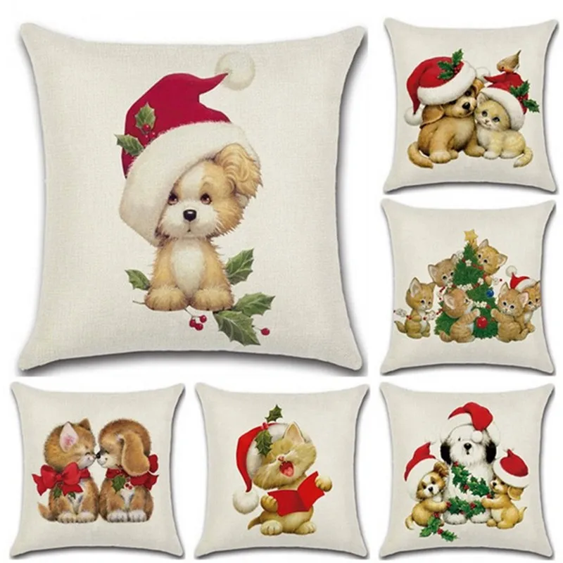 1Pcs 45*45cm Christmas Dog Cat Pattern Pillow Case Christmas Hat Leaves Linen Pillow Cover Home Supplies Pillowcase