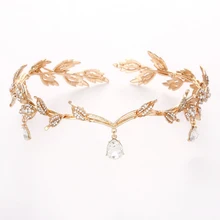 Романтический в виде капли воды стразы лист Диадемы Корона аксессуары для волос золотой цвет сплав для женщин Свадебные повязки на голову подружки невесты