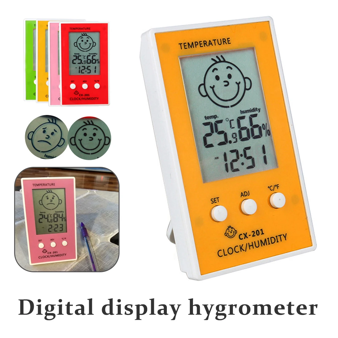

Cute Baby Smile Face Humidity LCD Digital LCD Thermometer Hygrometer Indoor Outdoor Clock Temperature Logger Humidity Meter
