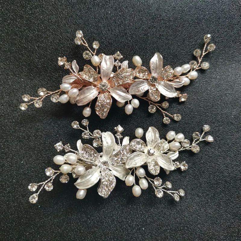 

SLBRIDAL Crystal Rhinestone Freshwater Pearls Flower Wedding Hair Clip Barrettes Bridal Headpiece Hair Accessories Women Jewelry