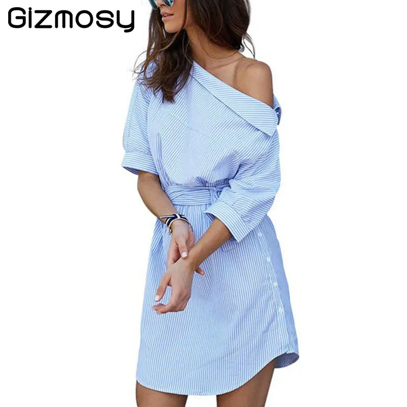 

2017 Summer Dress Women Short Sleeve Striped Casual Dresses Female Off Shoulder Slim Short Dress With Belt Cheap Clothing SY1080