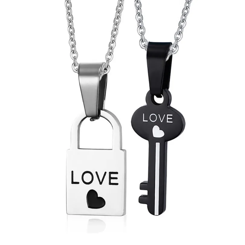 

New stainless steel heart-shaped key couple necklace Titanium steel heart lock LOVE couple pendant necklace