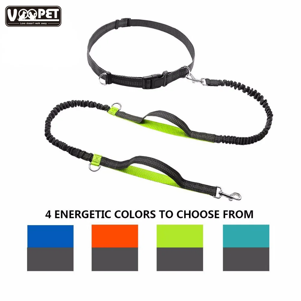 Dog Leash  Dual Handle Hands Free Running Leash Shock Absorbing, Extendible Bungee Reflective Stitching Adjustable Waist Belt
