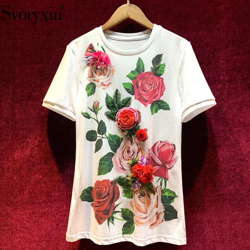 

Svoryxiu Runway Summer Cotton Applique T Shirts Women's Vintage Rose Flower Print Short Sleeve White Tops Tees Female