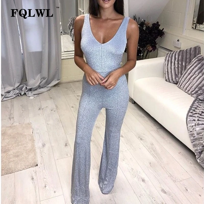 

FQLWL Sparkly Backless Sexy Bodycon Jumpsuit Women Summer Deep V Neck Sliver Glitter Wide Leg Rompers Womens Jumpsuit Female