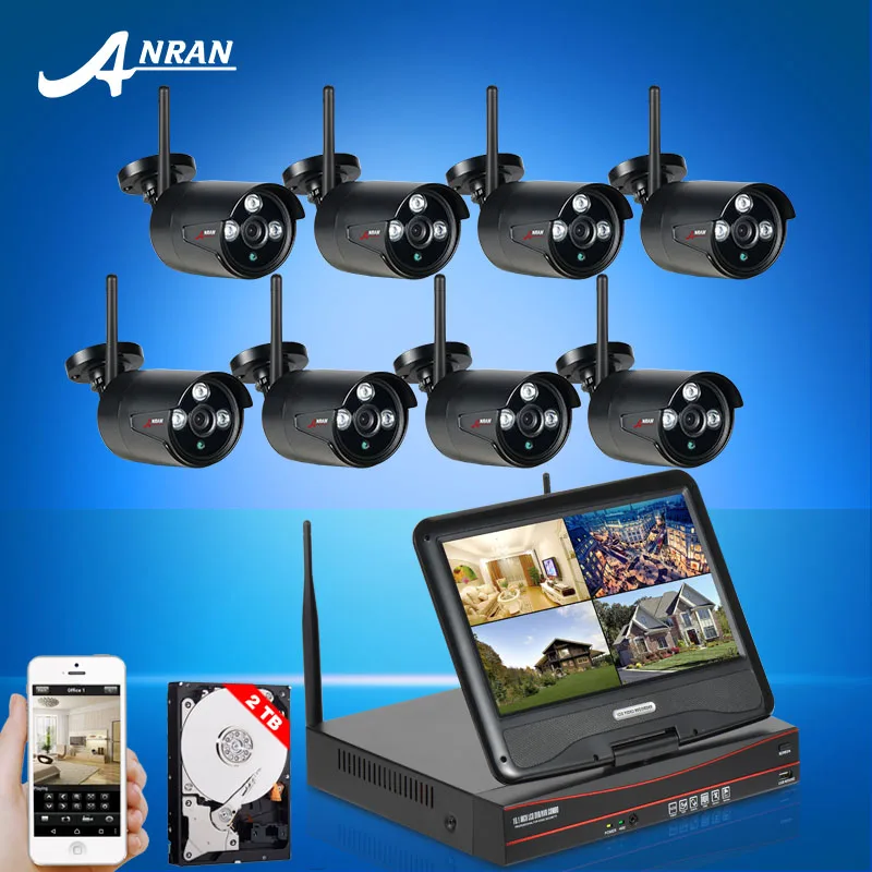 8CH Plug And Play WIFI Video Surveillance Kit+8'LCD Screen&P2P 720P HD Waterproof 3Array IR Wireless CCTV Camera System+2TB HDD