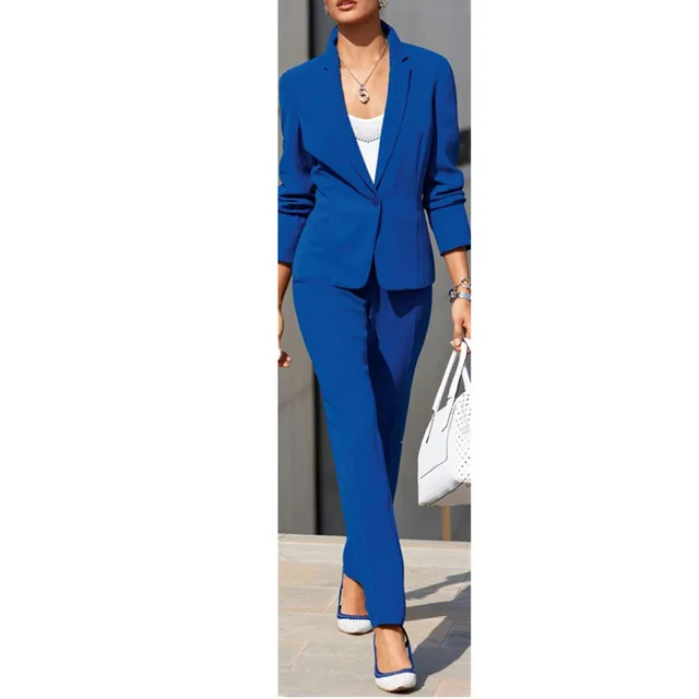 

Fashion Blue Women Suits One button Notched Lady Business Suits Formal Office Uniform Custom made Jacket+Pants 2 Pieces Set