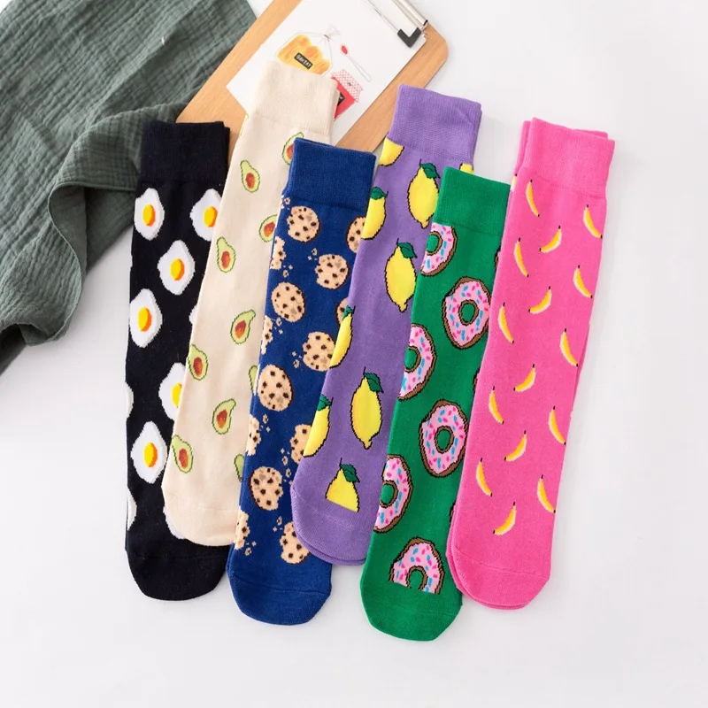 

men women Socks Funny Cute Cartoon Fruits Banana Lemon Egg Cookie Donuts Food Happy Japanese Harajuku skateboard Socks