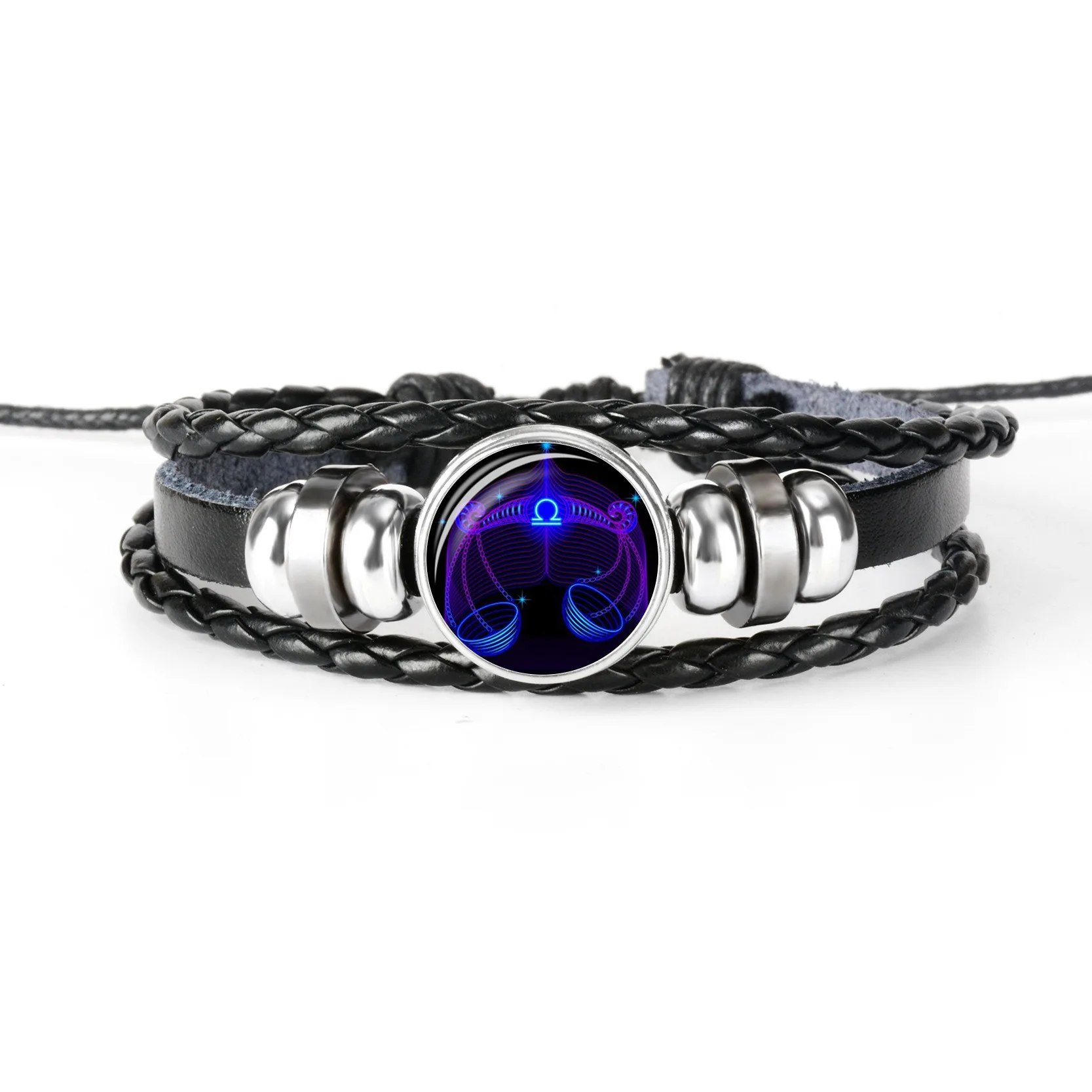 12 Constellation Zodiac Sign Black Braided Leather Bracelet Cancer Leo Virgo Libra Woven Glass Dome Jewelry Punk Men Bracelet - Окраска металла: XZS005-7