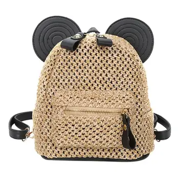 

Mickey Mouse Straw Backpack for Women Patchwork Woven solid Shoulder School Girls Backpack Casual Travel Shopping Bags