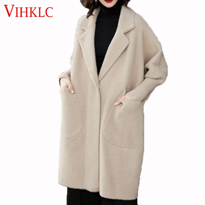 

2019 New women winter warm faux mink cashmere coat cardigan loose long warm sknit coat C581