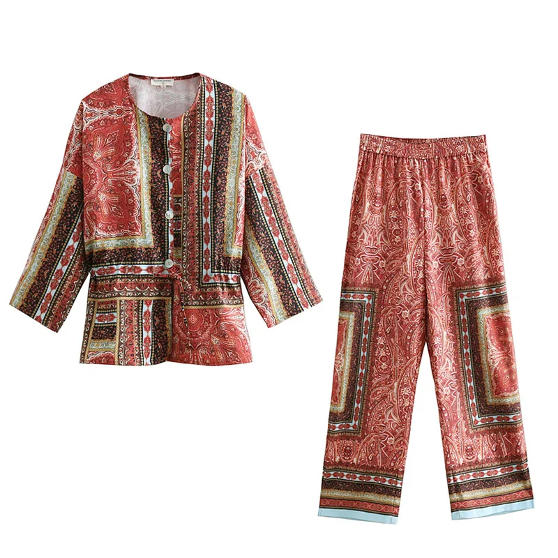 

Casual suit female 2019 summer new fashion women's row buckle decoration printed jacket and printed drape pants two-piece
