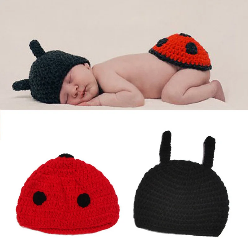 Red & Black Ladybug Newborn Baby Animal Photography Props Costume Set Handmade Crochet Knitted Hat with Cape Outfit (2)