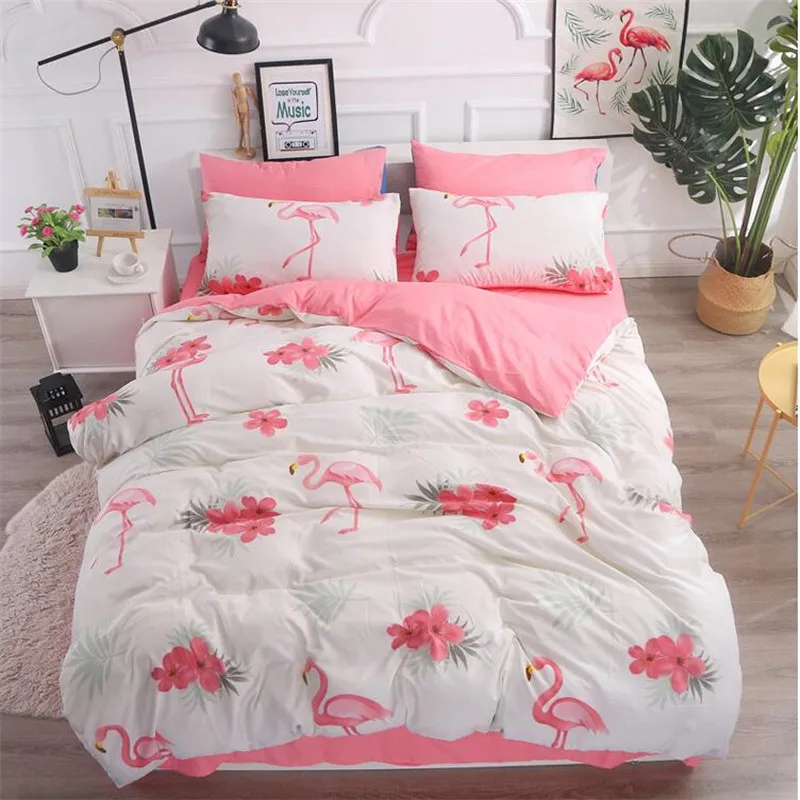 

cartoon pink flamingo bedding sets 3/4pcs geometric patternbed linings duvet cover bed sheet pillowcases cover set XHS0016