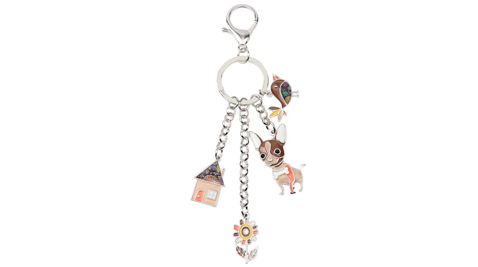 Bonsny эмалированный металлический Чихуахуа собака птица цветок брелок для дома брелок сумка Шарм мужской ювелирный держатель ключей для женщин