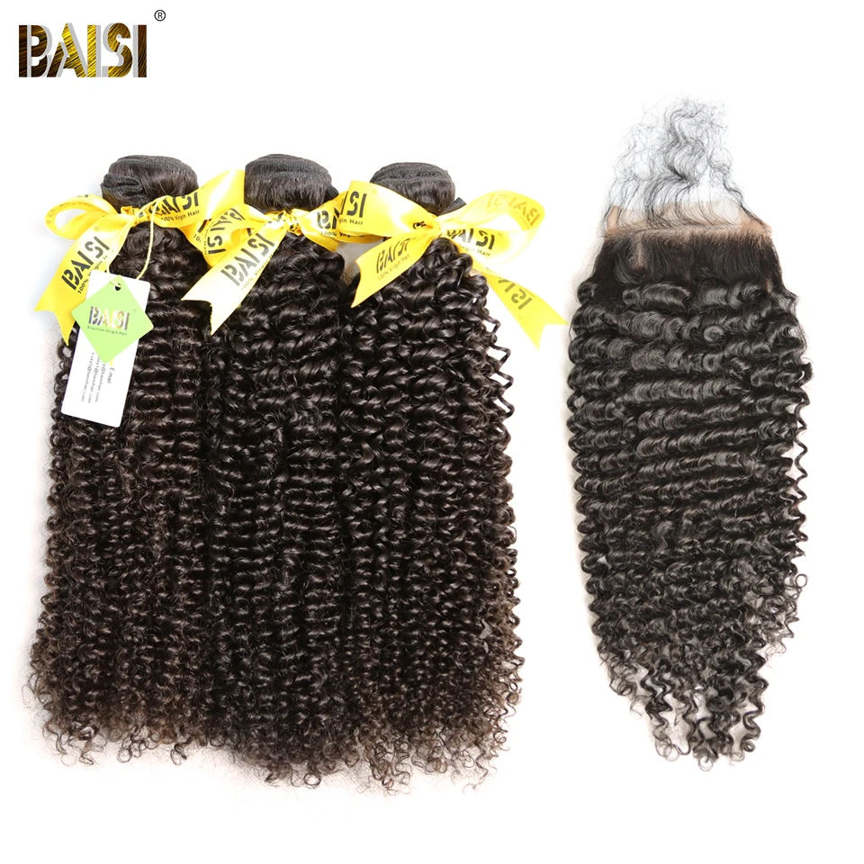 

BAISI Hair Brazilian Curly Virgin Hair 100% Unprocessed Hair Extensions 3 Bundles with Lace Closure