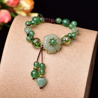 

Fresh Asian Retro Bracelet Transparent Green Flower And Heart Beads adjustable Chain Bracelet Girlfriends Gift Free Shipping