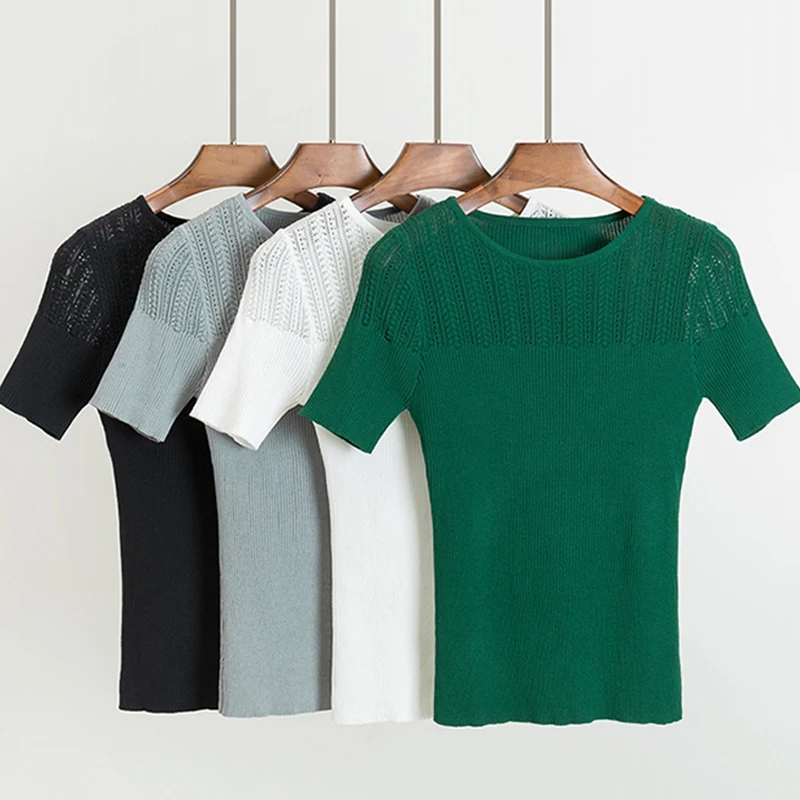 

GIGOGOU Knitted Women T Shirt Summer Casual short Sleeves Tees Top O-Neck High Elasticity Sexy Female T-Shirt