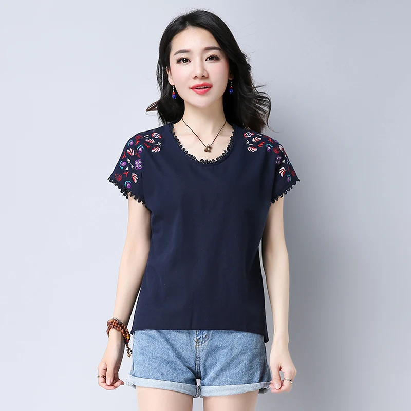 new summer women blouse shirt fashion casual o-neck female ladies tops floral embroidery solid women's clothing 0284 40 - Цвет: Тёмно-синий