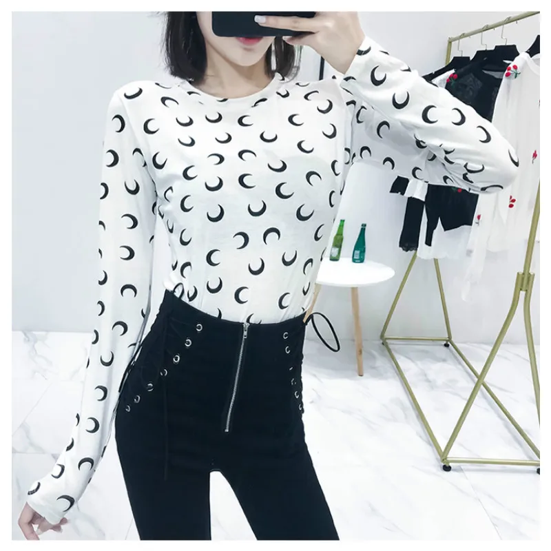 2018 Autumn New T-Shirts Women Moon Printed Long-Sleeved Women'S T Shirt Round Neck Slim Shirt Tops Tee