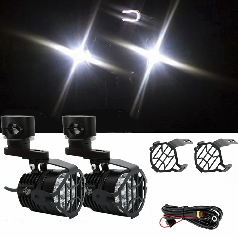 

Motorcycles Motorbike LED Auxiliary Fog Light Kits Spot Driving Lamps with Protect Guards Wiring Harness For BMW Honda Universal
