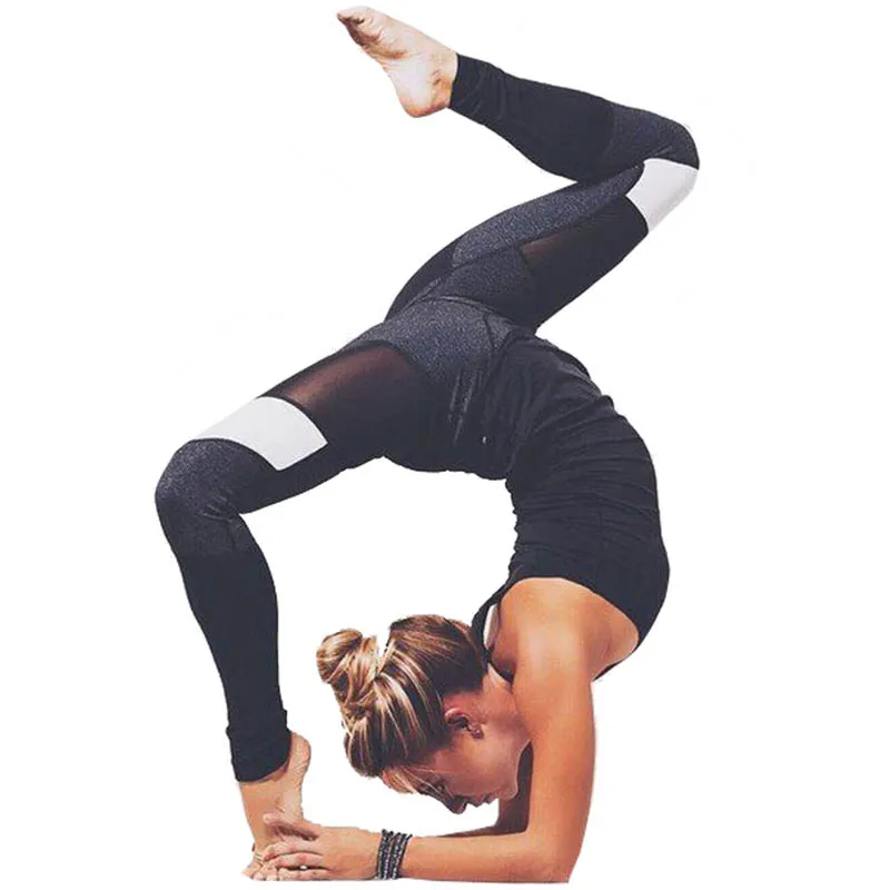 

NORMOV Fashion Sexy Womens Leggings Black White Color Patchwork Mesh Slim Middle Waist Workout Leggings Casual Fitness Leggings