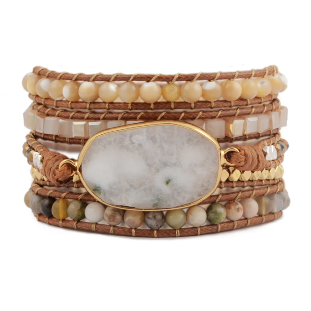 

Unique White Solar Quartz 5 Strands Wrap Bracelets Handmade Boho Leather Bracelet Faceted White Crystal braid Bracelet Dropship