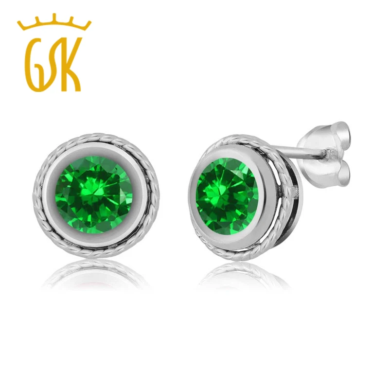 Gemstoneking 3.00 Ct Round 6mm Green Simulated Emerald stud earrings