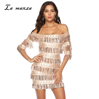 

Plus Size Dress 2019 Women Summer Dress Sexy & Club Party Night Elegant Tassel Sequines Mini Bodycon Dress