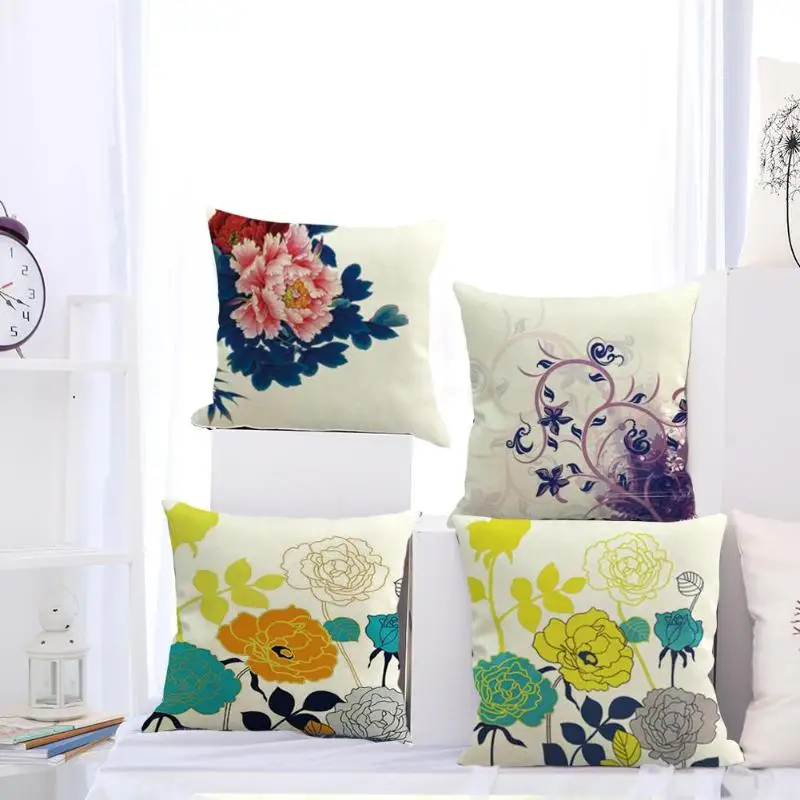 Buy Flower Print Linen Decorative Pillowcases Throw