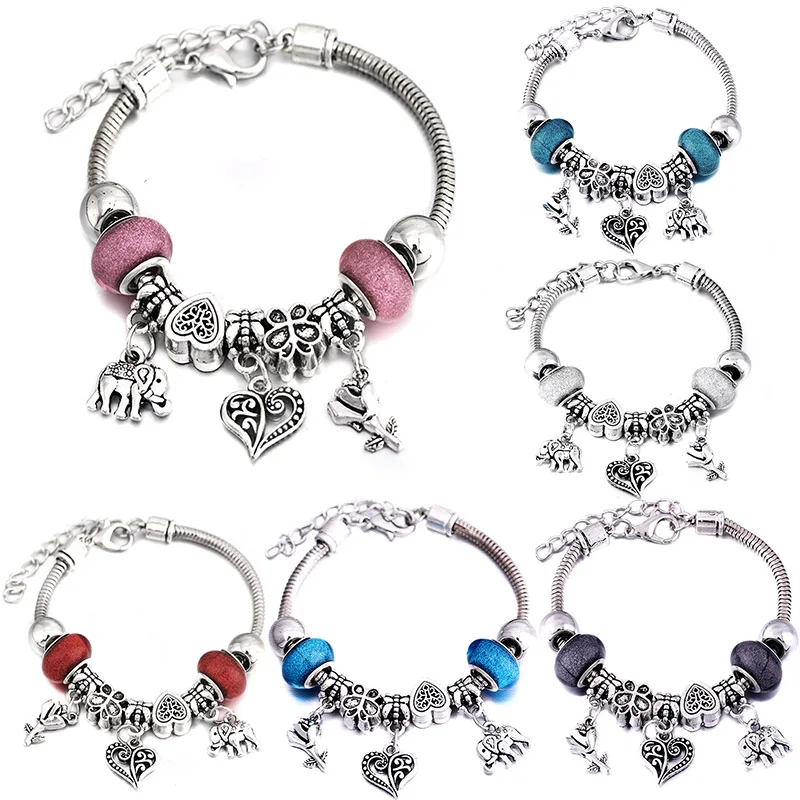 Charm Bangle Lobster Buckle Snake Chain Jewelry Elephant Flower Beaded Bangles For Women Summer Bracelet LOVE Romantic Gift