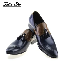 2017 Autumn New Genuine Leather Slip On Men Formal Shoes With Tassel Pointed Toe Wedding Party Dress Blue Footwear Men’s Shoes