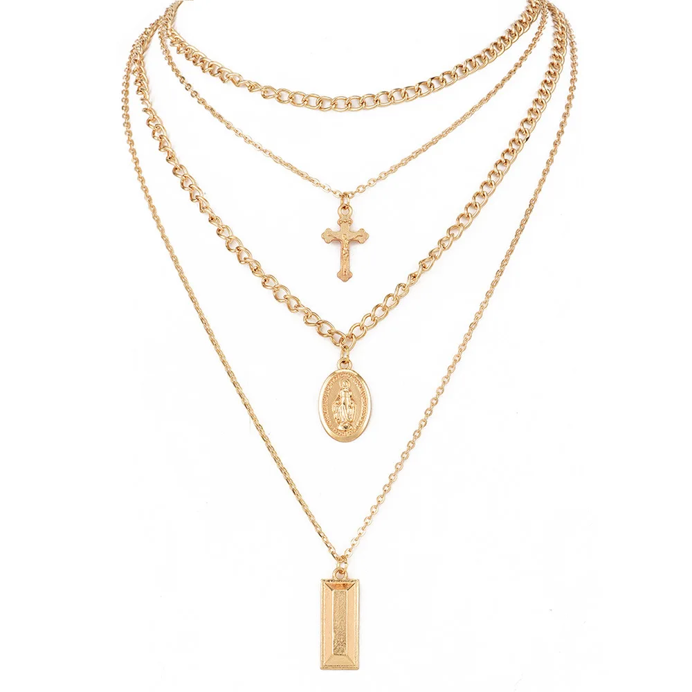 Bohemia Gold Color Cross Layered Necklace Jesus Virgin Mary Chain Pendant Easter Day's Gift For Women Jewelry | Украшения и